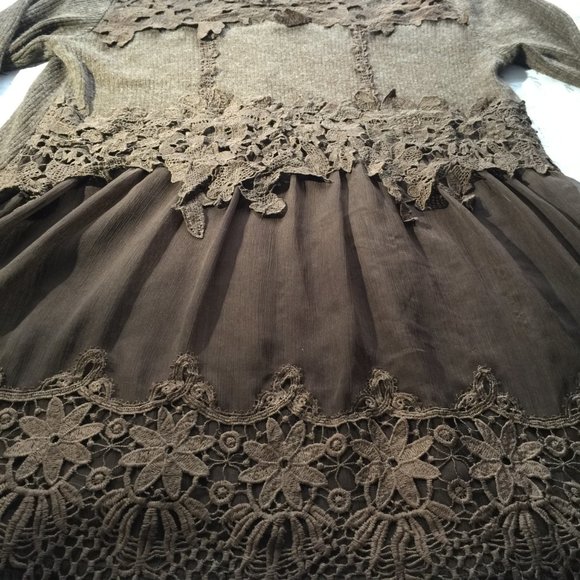 Long Top/Sweater Dress Knit With Lace and Sheer Overlay Chocolate Brown XL - Picture 12 of 14